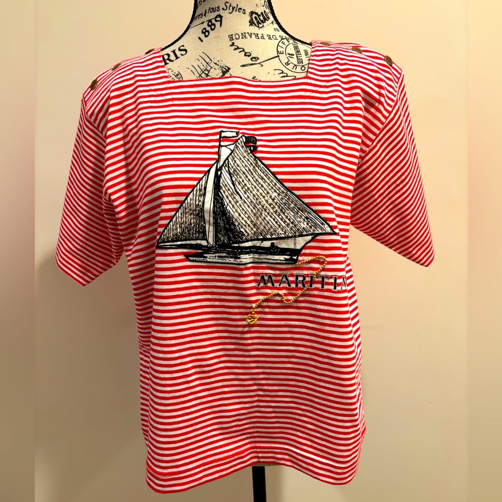 Chaus Nautical Top with beaded boat detail and word Maritime on it Size M Petite